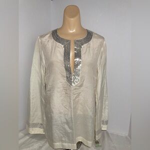 White Silk blend Tunic with Silver Sequins 
Item# TSbl7 * New with Tags